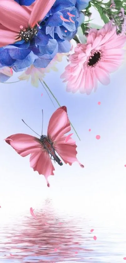 Beautiful floral and butterfly mobile wallpaper with calming water reflection.