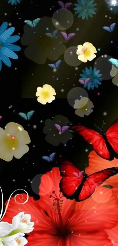 Vibrant wallpaper with red butterflies and colorful flowers on black.