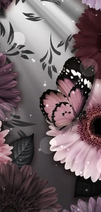 Pink butterfly and pastel flowers on a gray background.