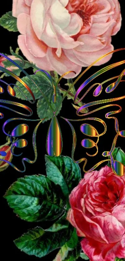 Floral wallpaper with rainbow butterfly on black background.