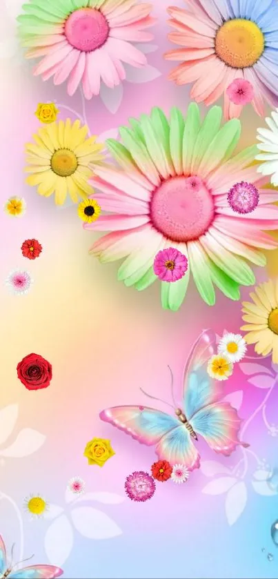 Vibrant mobile wallpaper with pastel flowers and butterflies.