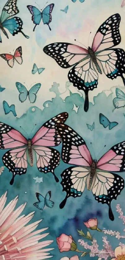 Colorful butterflies and flowers on teal background, mobile wallpaper.