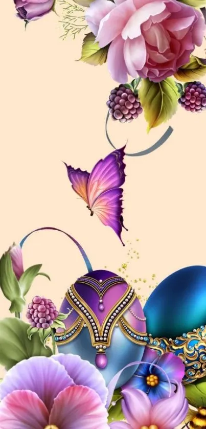 Elegant floral and butterfly wallpaper design.