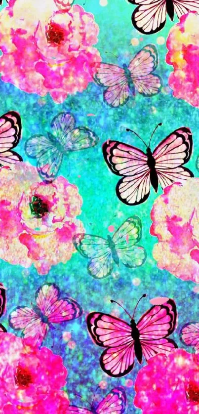 Turquoise wallpaper with butterflies and pink flowers.