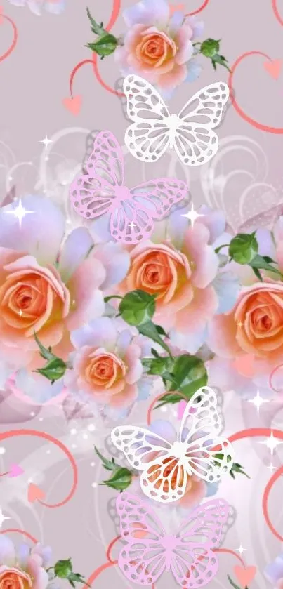 Floral wallpaper featuring roses and butterflies on a light pink background.