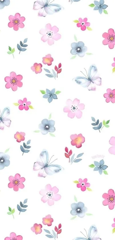 Cheerful floral butterfly wallpaper with pink and blue flowers.