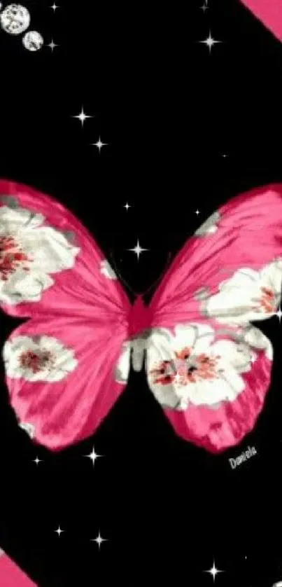 Floral butterfly with pink wings on black background.