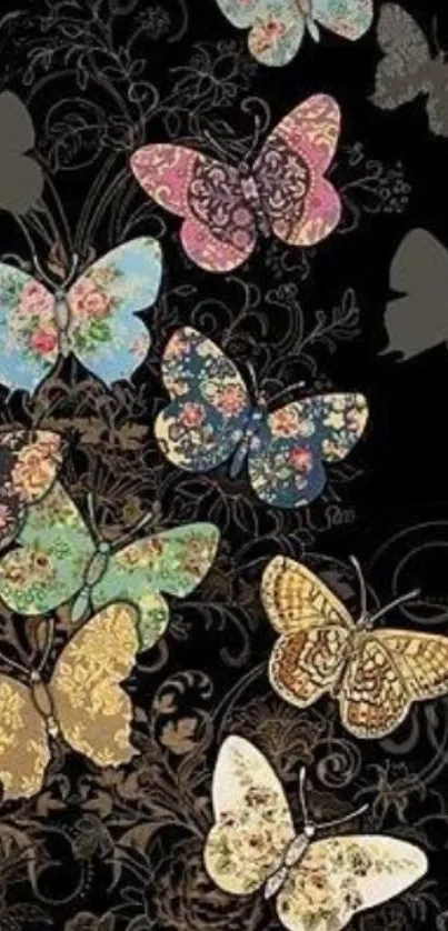 Floral butterfly pattern wallpaper with dark background.