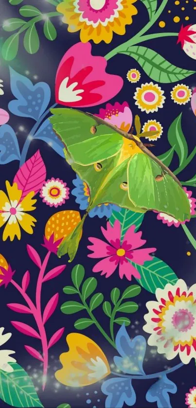 Vibrant floral wallpaper with butterfly and colorful flowers.