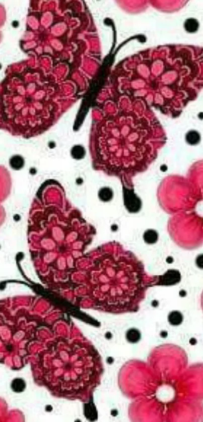 Pink floral butterflies on a white and black polka dot background.