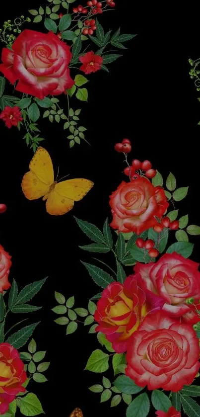 Vibrant wallpaper with roses and butterflies on black background.