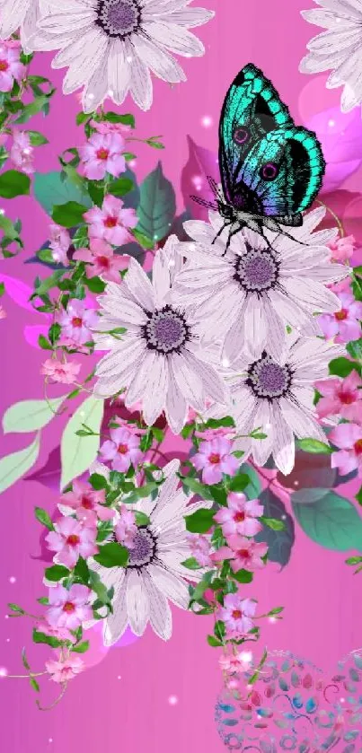 Floral phone wallpaper with butterfly and pink daisies.