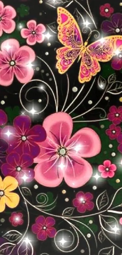 Colorful floral and butterfly design on phone wallpaper.