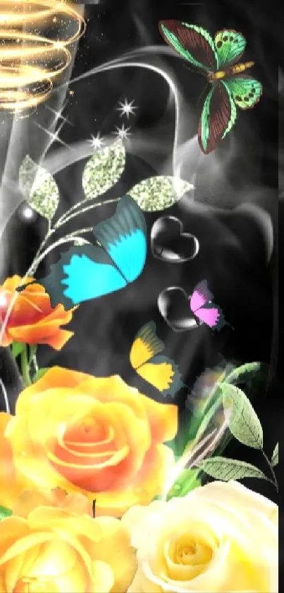 Vibrant flower and butterfly wallpaper with a black background.