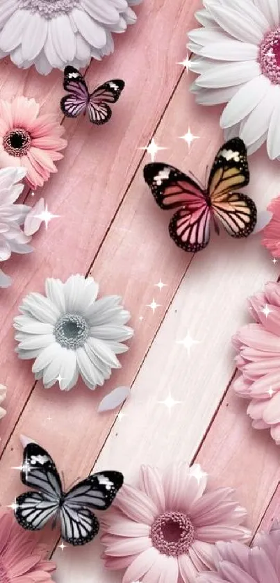 Floral wallpaper with butterflies on pink wooden background.