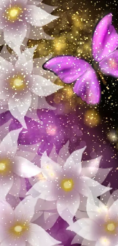 Purple butterfly with white flowers on mystical background.