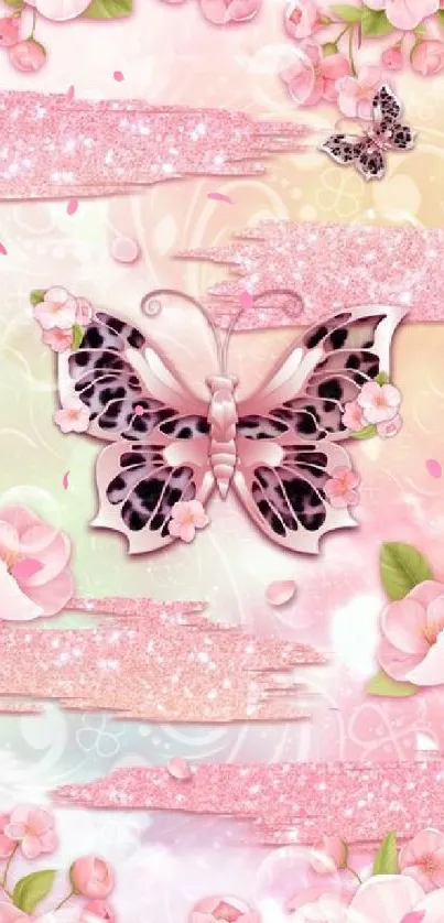 Elegant pink floral butterfly wallpaper with sparkles.