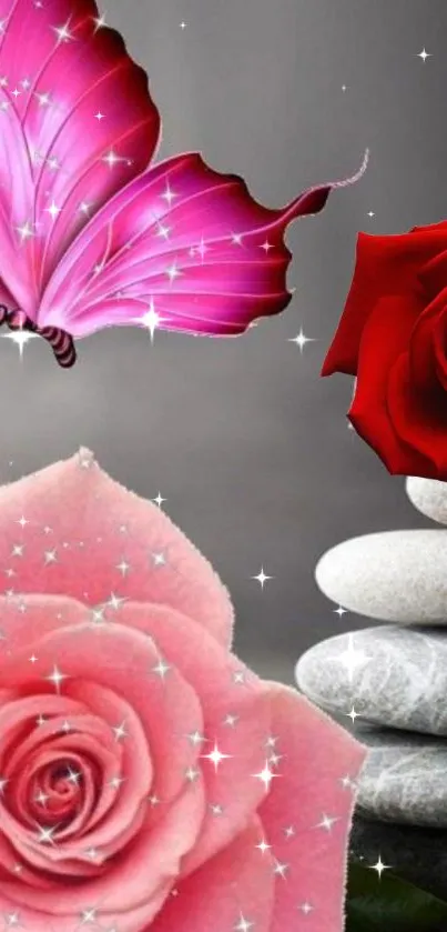 Pink roses and butterfly with stones in artistic wallpaper.