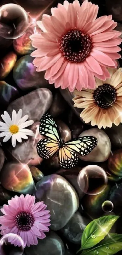 Floral butterfly mobile wallpaper with stones and bubbles.