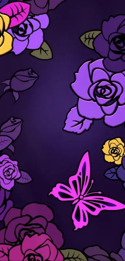 Colorful floral wallpaper with butterflies and purple roses.