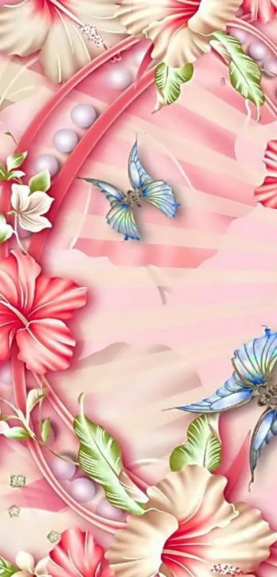 Pink floral wallpaper with butterflies and hibiscus flowers.