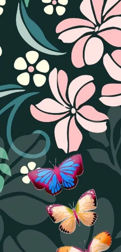 Vibrant floral wallpaper with butterflies and leaves.