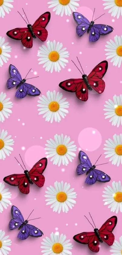 Pink wallpaper with butterflies and daisies for mobile.