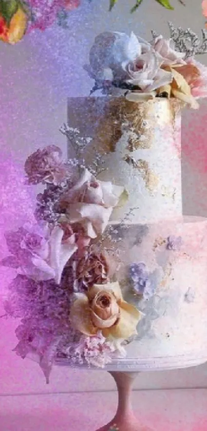 Elegant floral cake with vibrant pink and purple hues, artistic mobile wallpaper.
