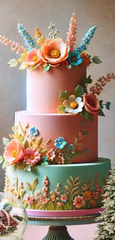 Elegant three-tiered floral cake wallpaper with vivid colors and intricate designs.