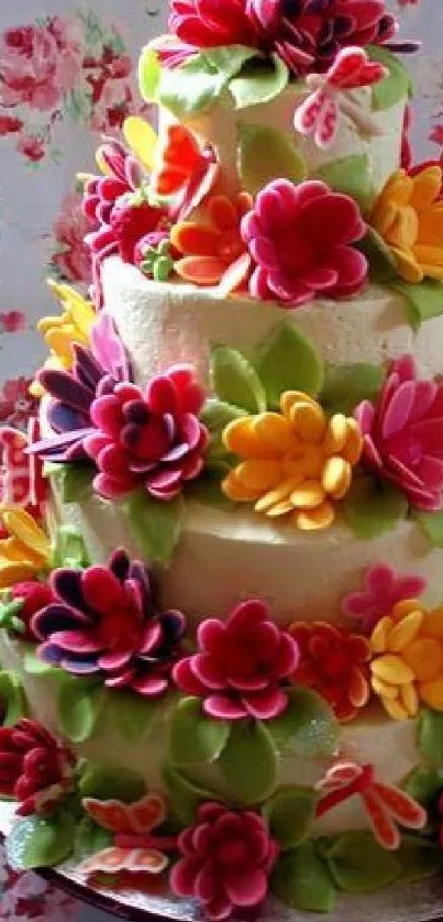 Vibrant floral cake with colorful flowers.