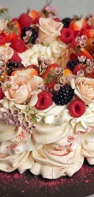 Cake with floral and fruit decorations in cream tones.