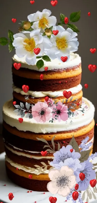 Three-tier naked cake with floral decoration on a white plate.