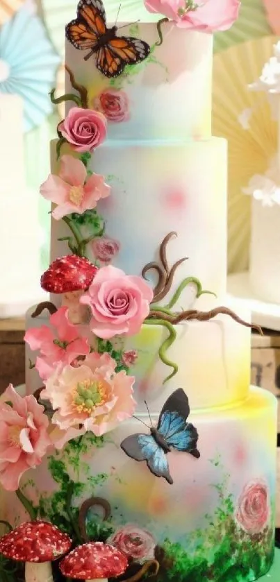 Colorful floral cake with butterflies, perfect for a mobile wallpaper.