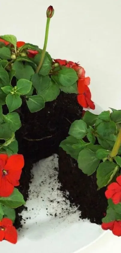 Floral cake with red flowers and green leaves on white background.