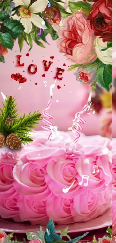 Pink rose cake with vibrant floral background, elegant wallpaper design.
