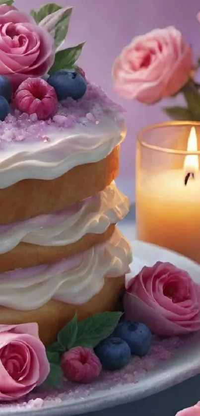 Cake with flowers and candles beside a woman.