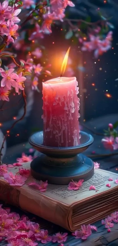 Enchanting pink candle with cherry blossoms on an open book.