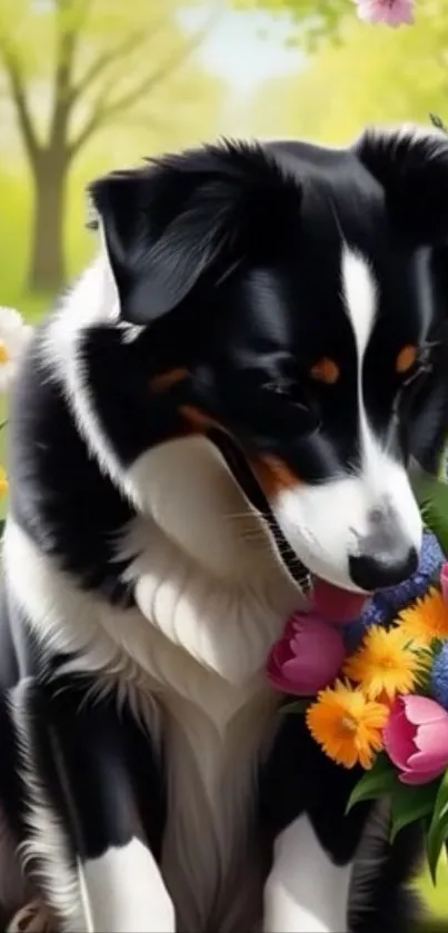 A dog surrounded by vibrant, colorful flowers in a natural setting.