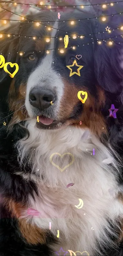 Dog in blooming flowers with string lights.