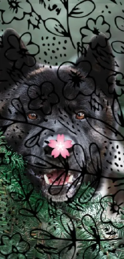 Black dog in green forest with floral pattern overlay.