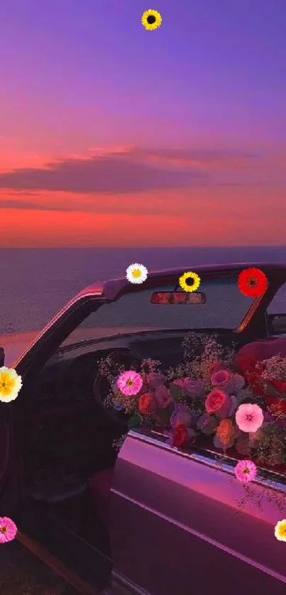 Vintage car with flowers under a vibrant sunset by the coast.