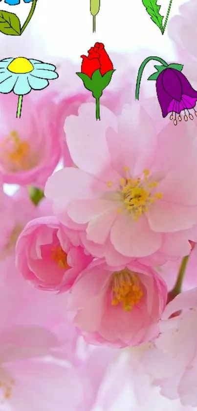 Pastel pink cherry blossoms with hand-drawn flowers on a mobile wallpaper.