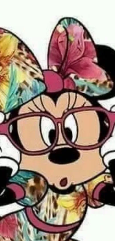 Cartoon character in glasses with floral pattern.