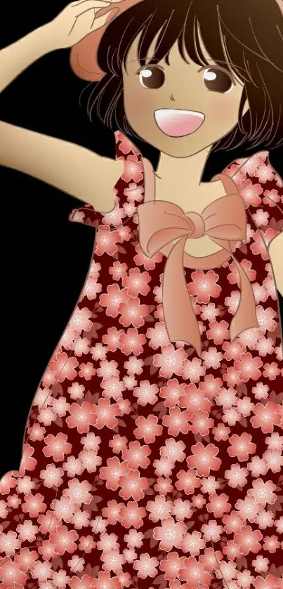 Cartoon girl in floral dress with pink hat.