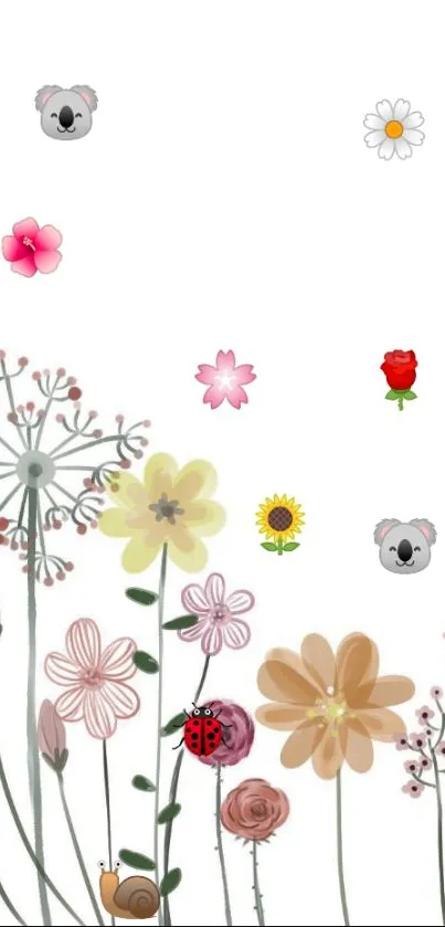 Cartoon floral wallpaper with colorful flowers and animals on a white background.