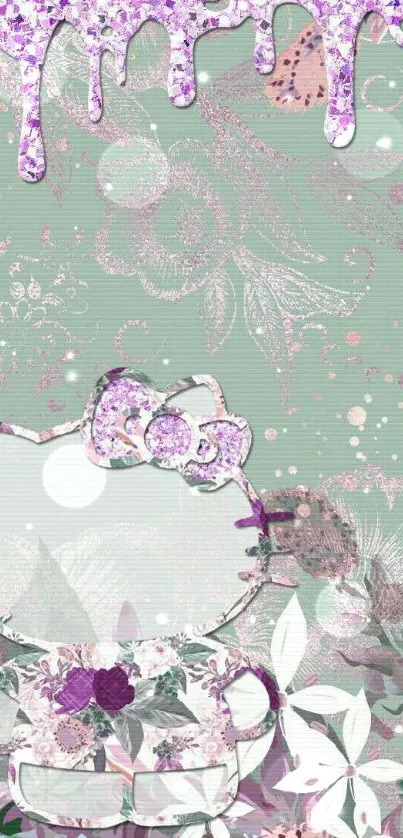 Floral cartoon character wallpaper with mint green and purple hues.