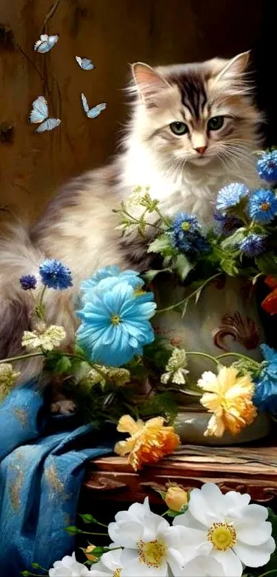 Fluffy cat amidst colorful flowers and butterflies.