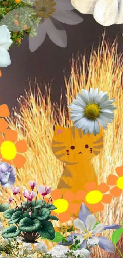 Cartoon cat amid colorful flowers and greenery, vibrant mobile wallpaper.