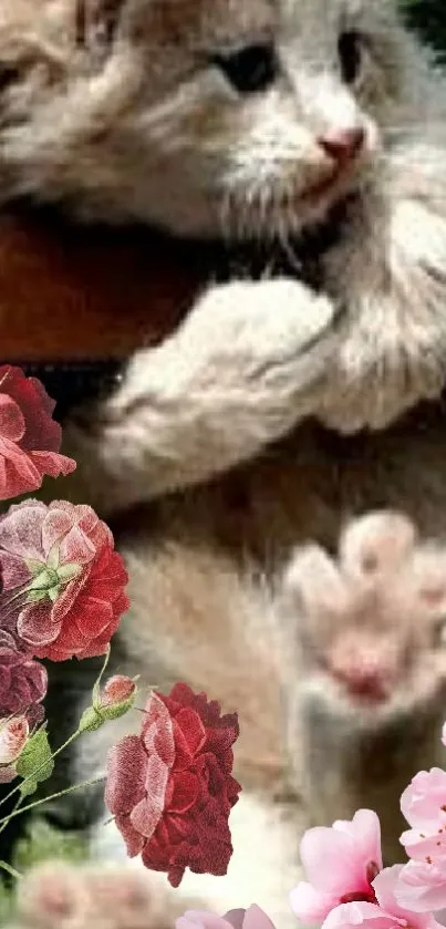 Cute cat with flowers mobile wallpaper.