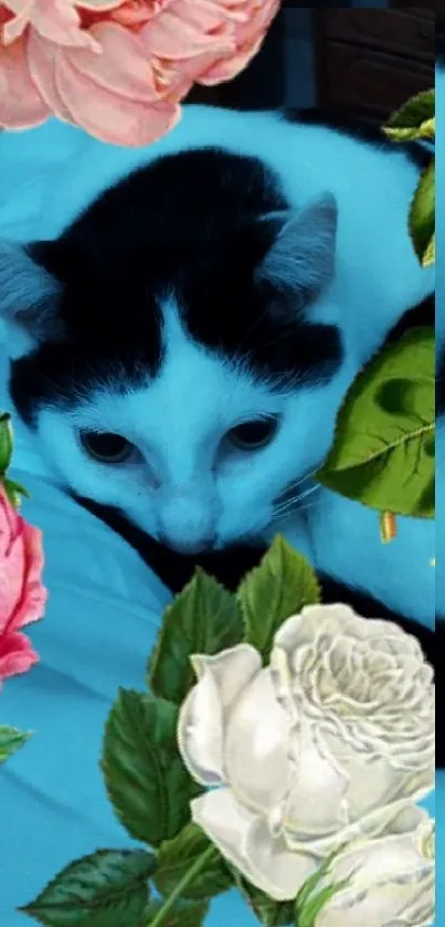 Black and white cat with colorful flowers on a blue background.